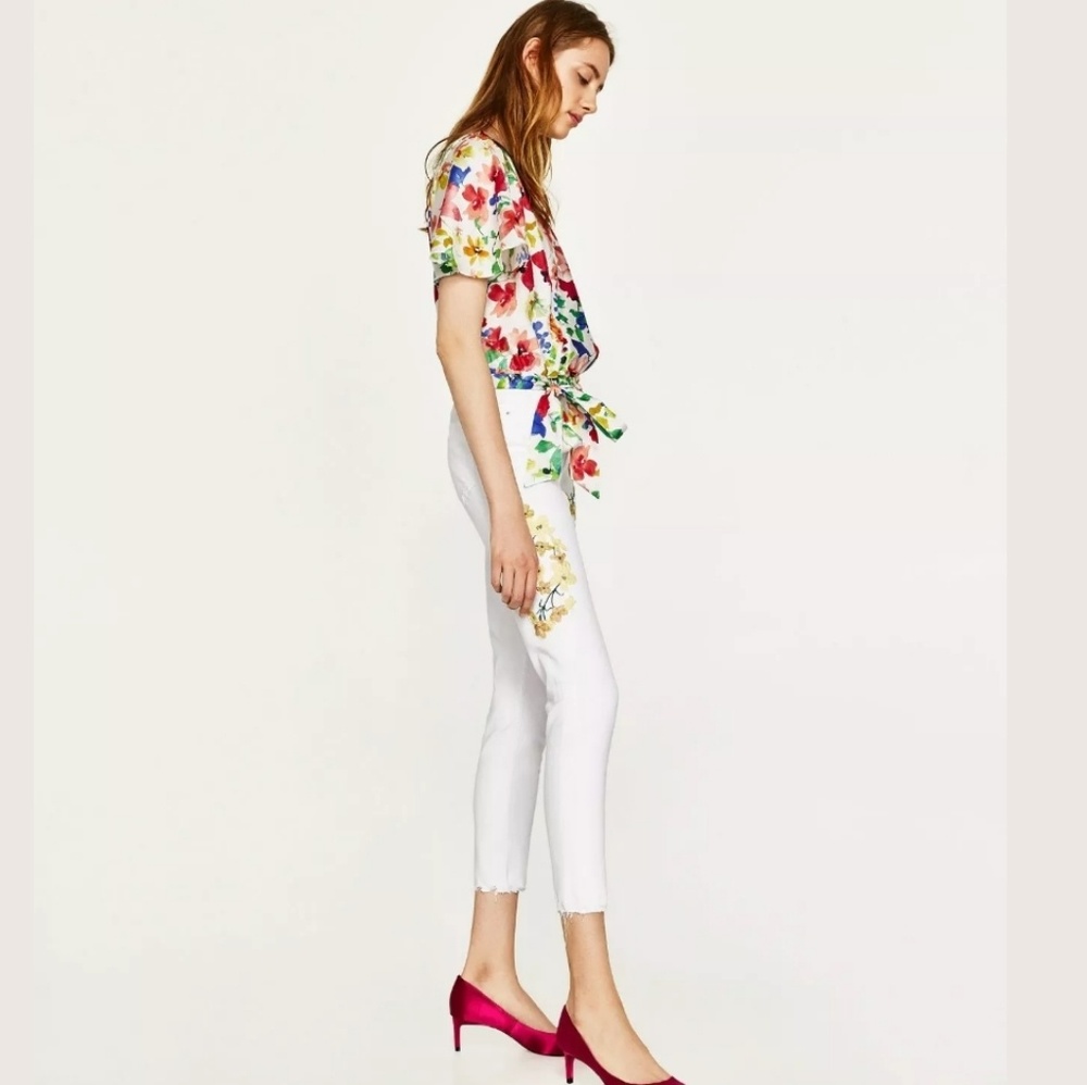 zara womens 8 mid rise white denim jeans floral em